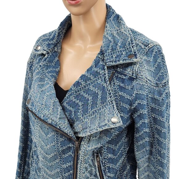 Free People Jackets & Blazers - Free People Women' Punched Denim Moto Jacket Size 10 Herringbone Blue Jean Biker